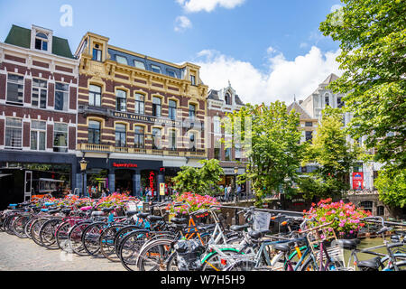 Utrecht Netherlands. July 1st, 2019. Bikes parked on a sidewalk in the city center Stock Photo