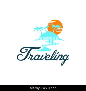 Summer beach with palm trees seasonal travel logo design design comcept illustration Stock Vector