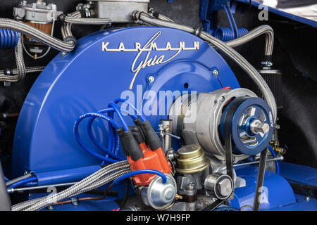 A Karmann Ghia engine close up of a sports car engine Stock Photo
