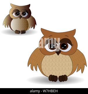 Two sad owls with surprised eyes and splayed wings, with a pattern on the sternum and wings, pattern with volume effect Stock Vector