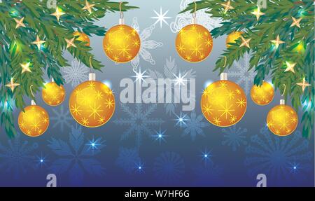 Rectangular blue christmas background with snowflakes, coniferous branches, decorated with yellow balls, stars. Stock Vector