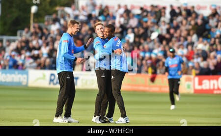 Hove Sussex UK 6th August 2019 - Phil Salt of Sussex Sharks takes a great catch to dismiss Jeremy Lawlor of Glamorgan off the bowling of Rashid Khan during the Vitality T20 Blast cricket match between Sussex Sharks and Glamorgan at the 1st Central County ground in Hove Credit : Simon Dack / Alamy Live News Stock Photo