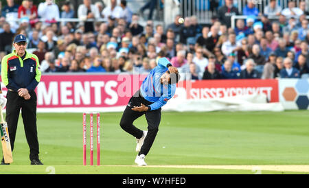 Hove Sussex UK 6th August 2019 - Rashid Khan bowling for Sussex Sharks during the Vitality T20 Blast cricket match between Sussex Sharks and Glamorgan at the 1st Central County ground in Hove Credit : Simon Dack / Alamy Live News Stock Photo