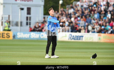 Hove Sussex UK 6th August 2019 - Phil Salt of Sussex Sharks takes a great catch to dismiss Jeremy Lawlor of Glamorgan off the bowling of Rashid Khan during the Vitality T20 Blast cricket match between Sussex Sharks and Glamorgan at the 1st Central County ground in Hove Credit : Simon Dack / Alamy Live News Stock Photo