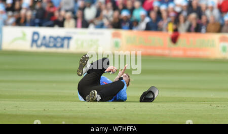 Hove Sussex UK 6th August 2019 - Phil Salt takes a great catch to dismiss Jeremy Lawlor of Glamorgan off the bowling of Rashid Khan during the Vitality T20 Blast cricket match between Sussex Sharks and Glamorgan at the 1st Central County ground in Hove Credit : Simon Dack / Alamy Live News Stock Photo