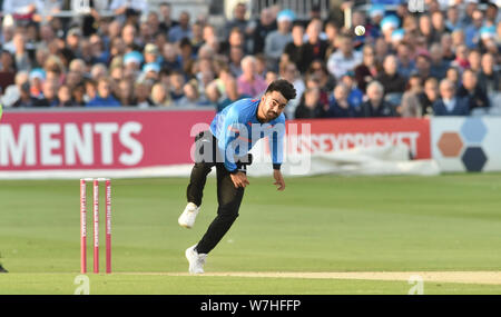 Hove Sussex UK 6th August 2019 - Rashid Khan bowling for Sussex Sharks during the Vitality T20 Blast cricket match between Sussex Sharks and Glamorgan at the 1st Central County ground in Hove Credit : Simon Dack / Alamy Live News Stock Photo