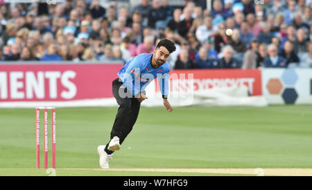 Hove Sussex UK 6th August 2019 - Rashid Khan bowling for Sussex Sharks during the Vitality T20 Blast cricket match between Sussex Sharks and Glamorgan at the 1st Central County ground in Hove Credit : Simon Dack / Alamy Live News Stock Photo