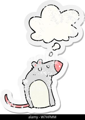 cartoon fat rat with thought bubble as a distressed worn sticker Stock Vector
