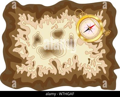 Pirate old map on yellow parchment with golden compass lying on it, encrypted messages Stock Vector