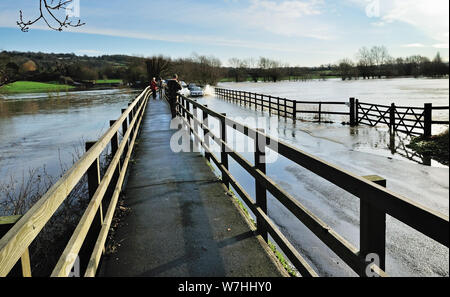 Flooded road and fields beside the river Avon at Lacock, Wiltshire, in January 2008. Stock Photo