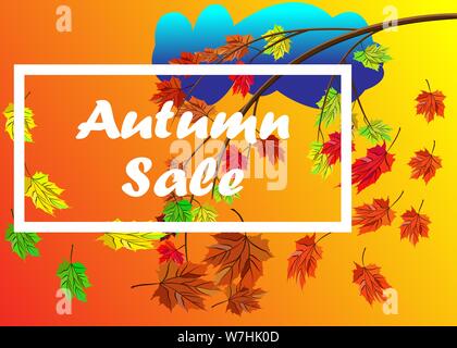 Autumn sale vector banner background with branch with autumn leaves with fall elements, rainy cloud, autumn typography and text in autumn colors backg Stock Vector