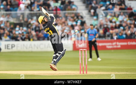 Hove Sussex UK 6th August 2019 - Andrew Salter of Glamorgan avoids a bouncer from Tymal Mills during the Vitality T20 Blast cricket match between Sussex Sharks and Glamorgan at the 1st Central County ground in Hove Credit : Simon Dack / Alamy Live News Stock Photo