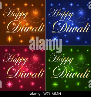 Happy Diwali. Light background, neon effect. The inscription on a blue, brown, red, emerald background. Stars, lights Stock Vector