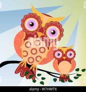 A couple of owls on a green branch of a tree in the sunlight, mom and baby. Two owls on a fantastic tree branch, decorated with flowers. Stock Vector