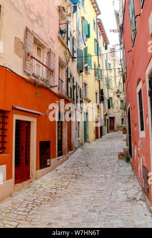 One of the narrow back streets in the historic old town of Rovinj in Croatia Stock Photo