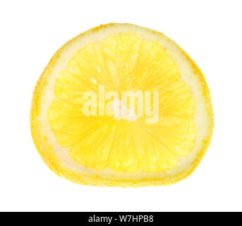 thin slice of fresh lemon lit from behind isolated on white background Stock Photo