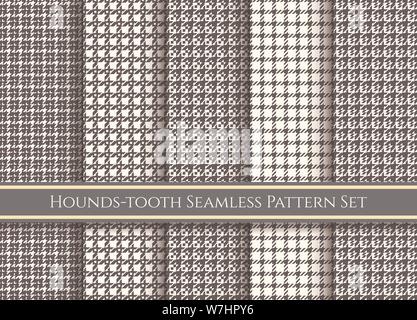 Houndstooth patterns. Dog tooth fabrics swatches, tartan check fabric pattern set, vector plaid or tweed checks background textures bundle Stock Vector