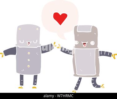 cartoon robots in love with speech bubble in retro style Stock Vector