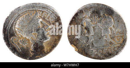 Roman Republic Coin. Ancient Roman silver denarius of the family Servilia. Stock Photo