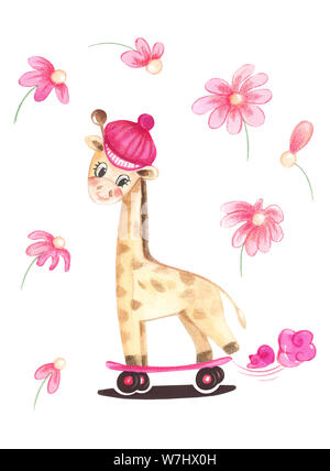 Illustration of color watercolor animal character giraffe on a sports skate on a white isolated background. Stock Photo