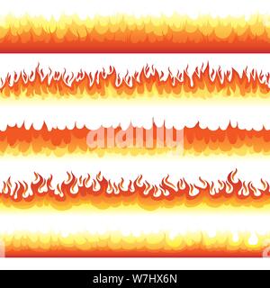 Seamless fire blaze. Cartoon horizontal seamless fire flame patterns for dangerous and warning images, flames glow and devil hell borders Stock Vector