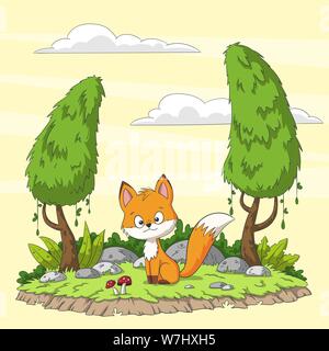 Cute cartoon fox in the forest. Hand drawn vector illustration. Stock Vector