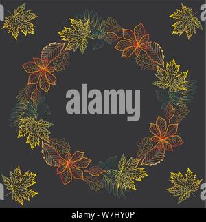 Round frame from multi-colored contours of autumn leaves on a dark background. Postcard, background Stock Vector