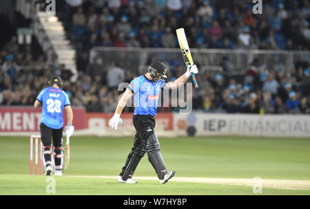 Hove Sussex UK 6th August 2019 - Luke Wright of Sussex Sharks celebrates hitting a half century during the Vitality T20 Blast cricket match between Sussex Sharks and Glamorgan at the 1st Central County ground in Hove Credit : Simon Dack / Alamy Live News