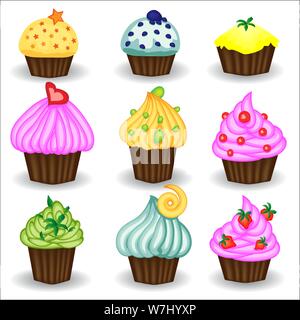 Vector set of nine colorful doodle cupcakes. Cupcakes decorated with cherry, strawberry Stock Vector