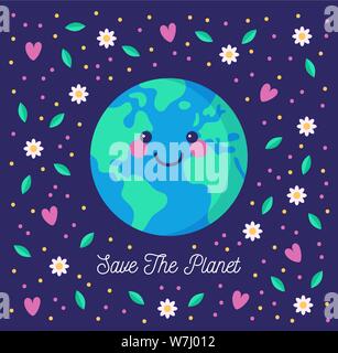 Save the planet. Environmental conservation concept. Cute smiling Earth, floating among flowers and hearts. Vector illustration. Stock Vector