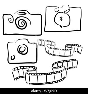 Phototem, contours, icons. Three cameras drawn contours, concept, film for filming Stock Vector