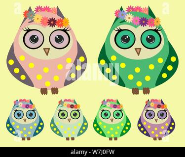 A set of six lovely owls with long eyelashes in wreaths of flowers, in different color variations in yellow pots Stock Vector