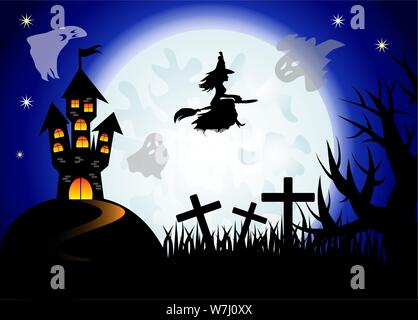 Halloween. The witch flies on a broomstick against the backdrop of a huge full moon. Night landscape, ghosts, castle Stock Vector