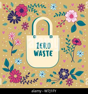 Zero waste concept. Cotton bag on a floral background. Sustainability. Vector Illustration. Stock Vector