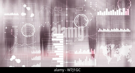 Business intelligence dashboard with key performance indicators on a virtual screen computer interface. Stock Photo