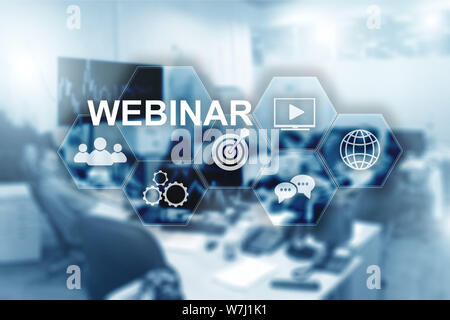Webinar on virtual screen. Inscription on blurred office background Stock Photo
