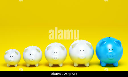 Economic concept of increased savings with a row of piggy banks on yellow background. 3D Rendering Stock Photo