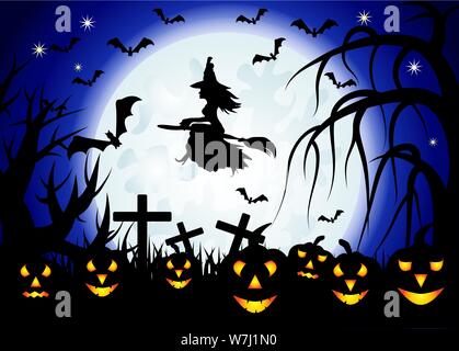 Halloween. The witch flies on a broomstick against the backdrop of a huge full moon. Night landscape, a flock of bats, jacks Stock Vector