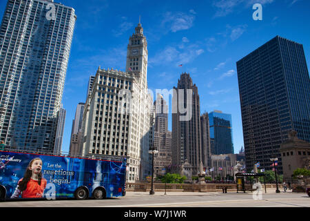 Chicago, IL, USA - July 13,2013:  Wrigley building in Chicago on July 13, 2013. The Wrigley Building is a skyscraper  with two towers (South Tower and Stock Photo