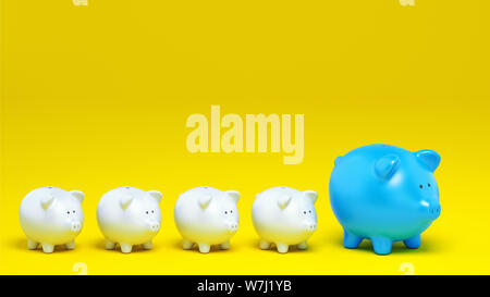 Economic concept of increased savings with a row of piggy banks on yellow background. 3D Rendering Stock Photo