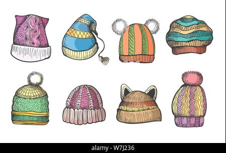 Knitting caps sketch. Knitted warm hats hand drawn vector illustration, woolly hat set with pampon, tassel and ears image for children snow fashion Stock Vector