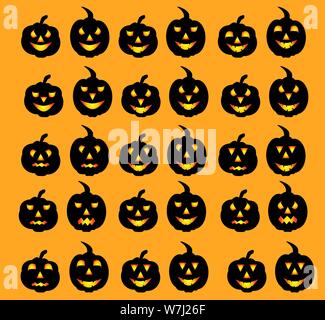Halloween decoration Jack-o-Lantern silhouette set. Pumpkins designs with different facial expressions Stock Vector