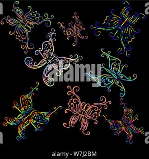 Eight contoured, iridescent, graceful butterflies On a black background Stock Vector