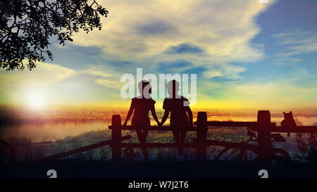 Boy And Girl Hold Hands Against The Backdrop Of Summer Sunset On The River Stock Photo Alamy