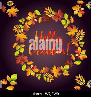 Hello, October. Multicolored text in a frame made from autumn maple leaves, oak, chestnut, etc. Postcard, background. Stock Vector