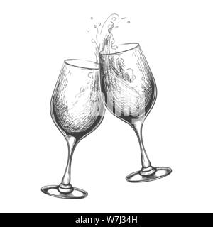 Hand drawn wine toast. Vector toasting sketch image, hand drawn wines drinking glasses with splash Stock Vector