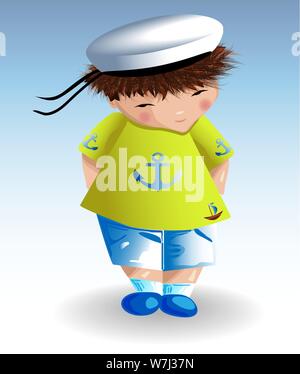 A sailor boy in a white naval hat, a green T-shirt with a painted anchor, blue shorts on a light background. Recreation, marine theme Stock Vector