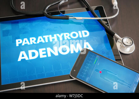 Parathyroid adenoma (endocrine disease) diagnosis medical concept on tablet screen with stethoscope. Stock Photo