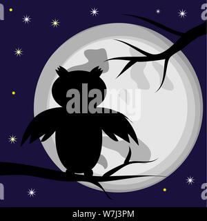 Black silhouette of an owl, a bird sitting on a tree branch against the background of the full moon. Night. Halloween Stock Vector