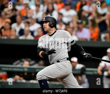Baltimore, United States Of America. 05th Aug, 2019. New York Yankees catcher Austin Romine (28) hits a solo home run in the second inning against the Baltimore Orioles at Oriole Park at Camden Yards in Baltimore, MD on Monday, August 5, 2019.Credit: Ron Sachs/CNP (RESTRICTION: NO New York or New Jersey Newspapers or newspapers within a 75 mile radius of New York City) | usage worldwide Credit: dpa/Alamy Live News Stock Photo